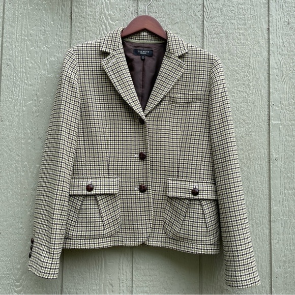 Talbots Blazer Jacket Womens 12 Green Brown Wool Blend Houndstooth Wood Button - Picture 1 of 12